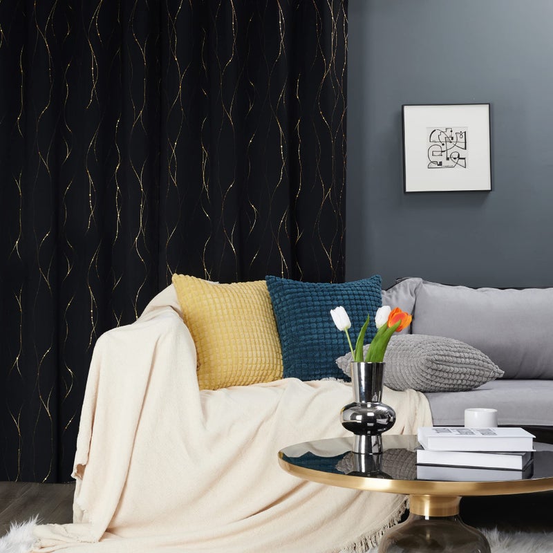 Deconovo Blackout Curtains 2 Panels for Bedroom and Living Room, Gold Foil Wave Lines and Dots, Thermal Insulated Room Darkening Grommet Window Drapes for Nursery, Black, 52W x 108L Inch - Image 3
